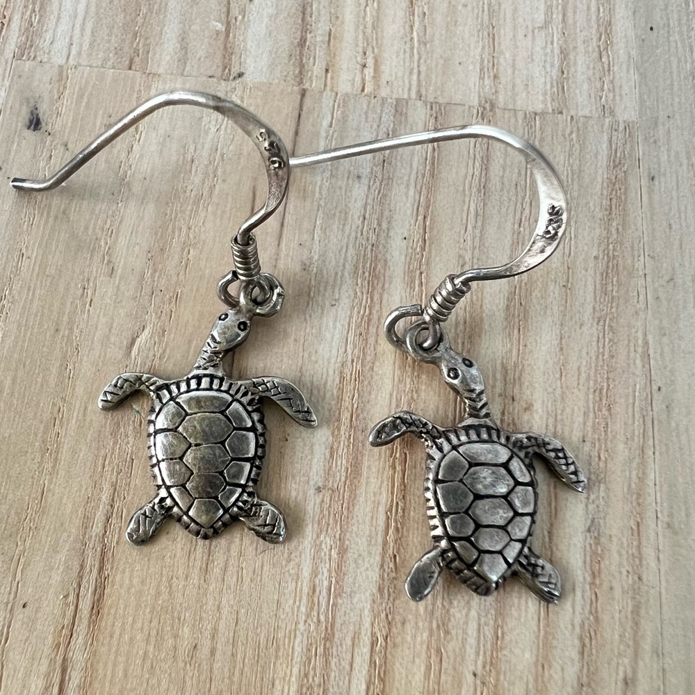 925 Sterling silver sea turtle loggerhead dangle earrings on hooks